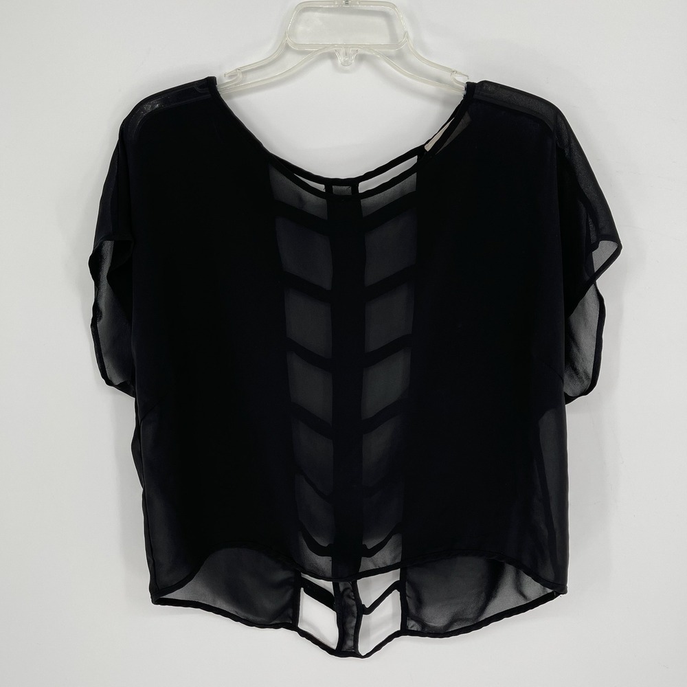 Lush Women's Black Cage Strappy Back Sheer Chiffon Blouse Size L